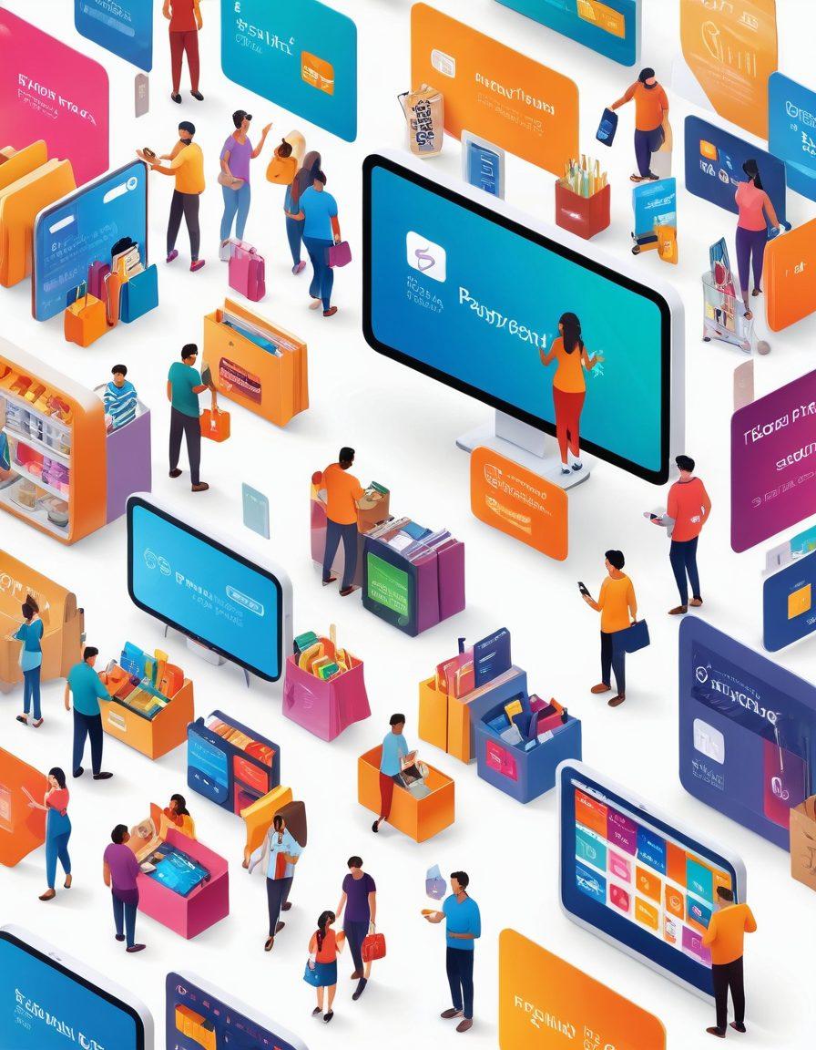 A vibrant, modern digital marketplace scene showcasing various secure payment methods like credit cards, digital wallets, and mobile payments being used. People of diverse backgrounds are happily shopping, with colorful product displays and secure transaction icons in the background. The atmosphere is joyful and energetic, symbolizing trust and security in e-commerce. super-realistic. vibrant colors. white background.