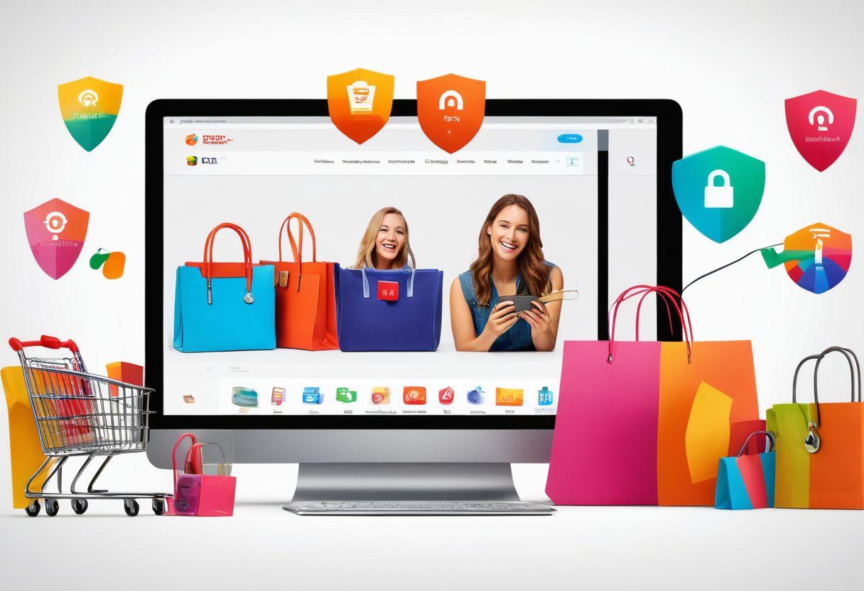 A modern, vibrant e-commerce scene showcasing a diverse group of people happily shopping online. Incorporate elements like a computer screen displaying various safe payment options, secure padlocks, and cheerful digital shopping carts. The background features colorful product displays and symbols of trust such as checkmarks and shields. Emphasize a sense of security and happiness in online transactions. super-realistic. vibrant colors. white background.