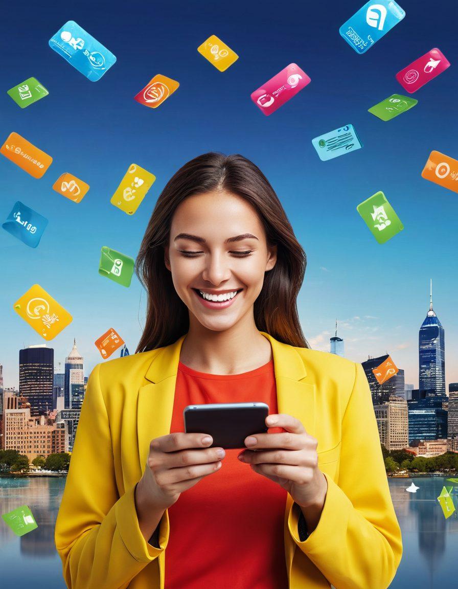 A joyful person using a smartphone with vibrant e-payment icons floating around, depicting a seamless financial transaction. In the background, a colorful cityscape symbolizing financial progress and modern technology. Illustrate expressions of satisfaction and relief, highlighting the contrast between frustration and joy. Colors should be bright and lively, creating an inviting atmosphere. super-realistic. vibrant colors. white background.